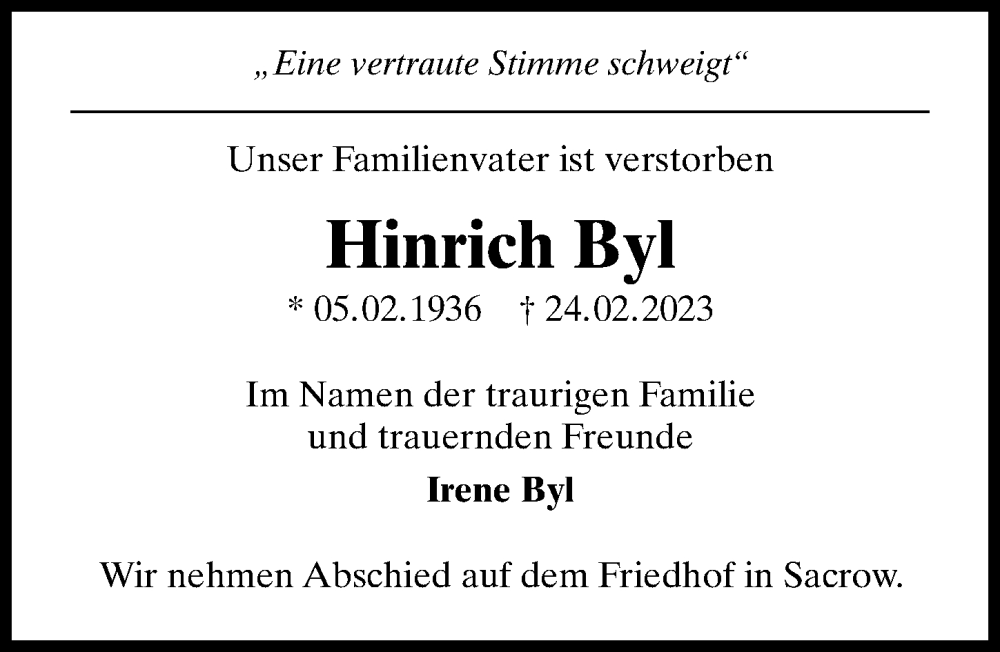  Traueranzeige für Hinrich Byl vom 04.03.2023 aus Märkischen Allgemeine Zeitung