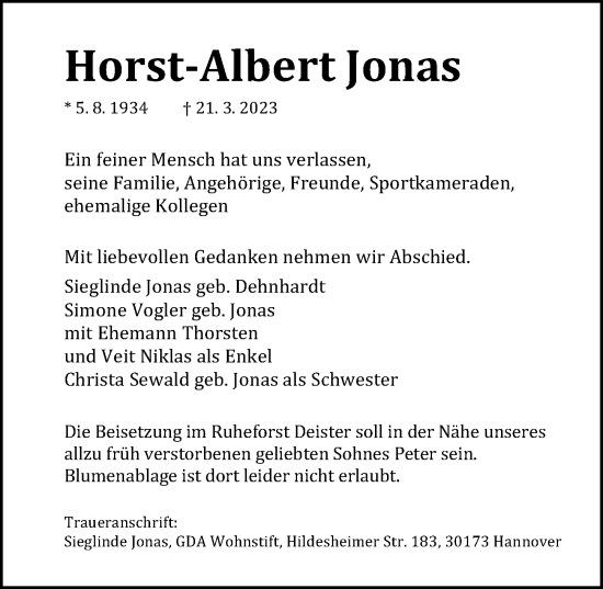 Traueranzeige von Horst-Albert Jonas von Hannoversche Allgemeine Zeitung/Neue Presse