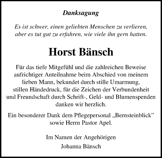 Traueranzeige von Horst Bänsch von Ostsee-Zeitung GmbH