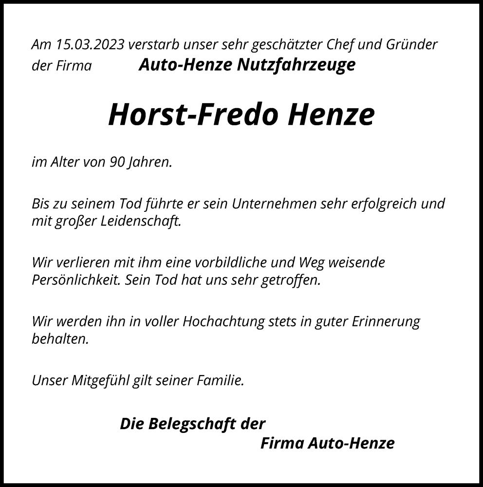  Traueranzeige für Horst-Fredo Henze vom 18.03.2023 aus Peiner Allgemeine Zeitung