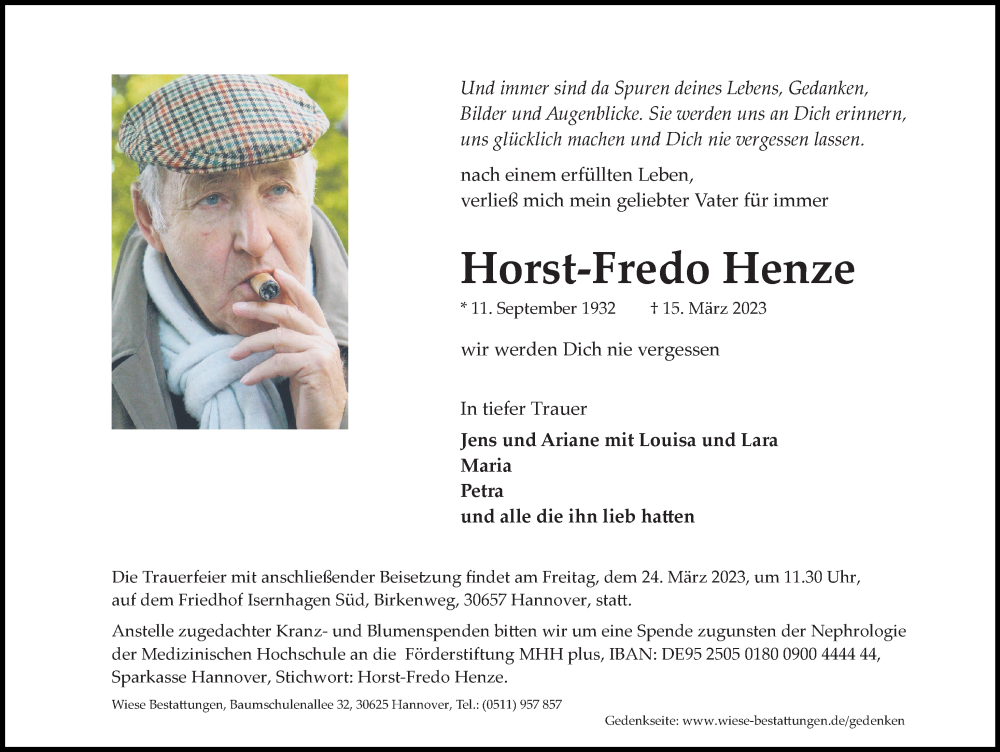  Traueranzeige für Horst-Fredo Henze vom 18.03.2023 aus Hannoversche Allgemeine Zeitung/Neue Presse