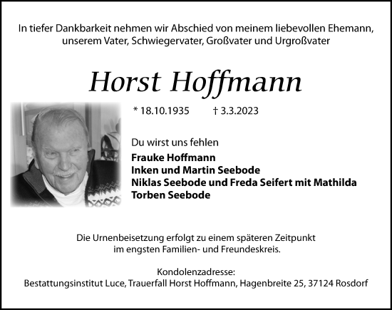Traueranzeige von Horst Hoffmann von Göttinger Tageblatt