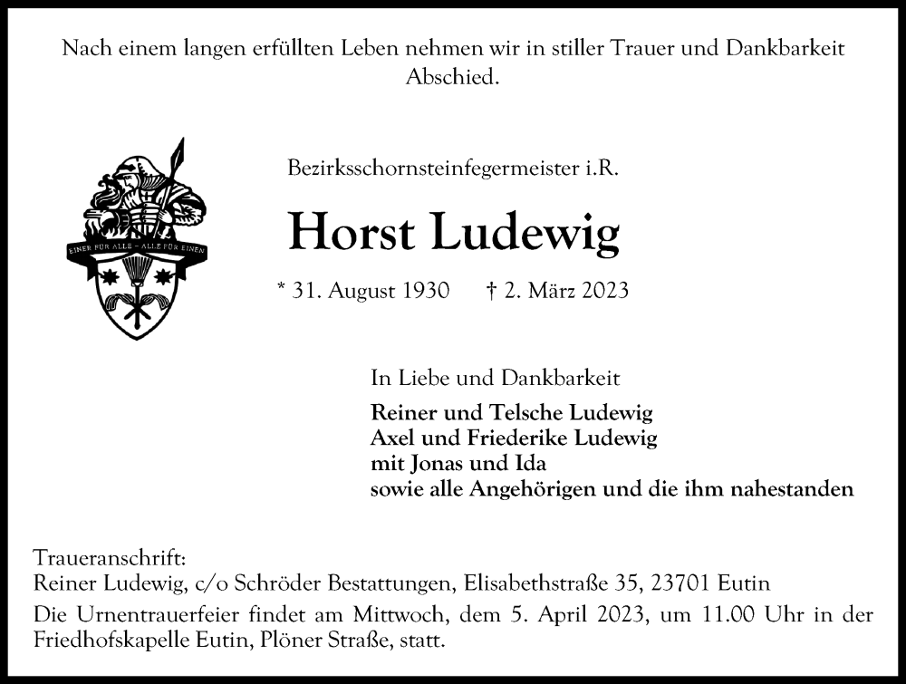 Traueranzeige für Horst Ludewig vom 26.03.2023 aus Lübecker Nachrichten