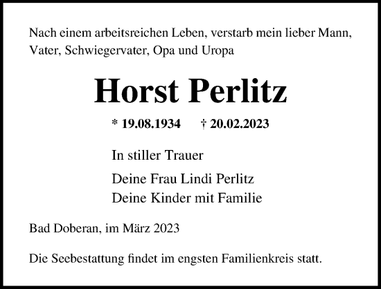 Traueranzeige von Horst Perlitz von Ostsee-Zeitung GmbH