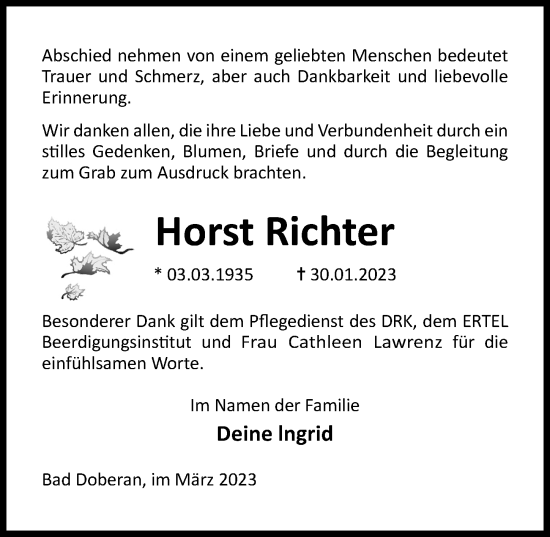 Traueranzeige von Horst Richter von Ostsee-Zeitung GmbH