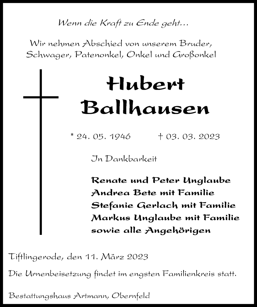  Traueranzeige für Hubert Ballhausen vom 11.03.2023 aus Eichsfelder Tageblatt