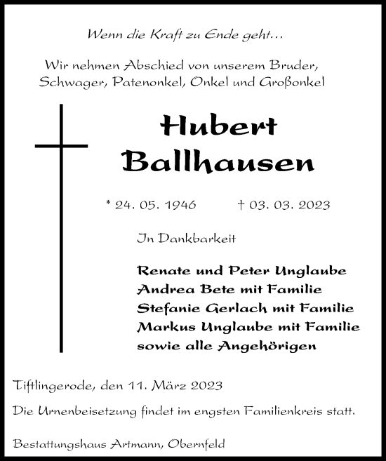 Traueranzeige von Hubert Ballhausen von Eichsfelder Tageblatt