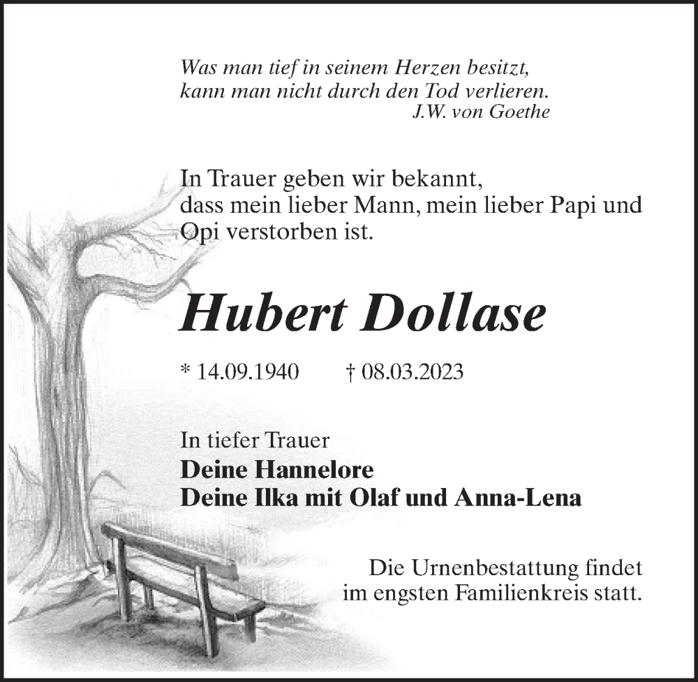  Traueranzeige für Hubert Dollase vom 18.03.2023 aus Märkischen Allgemeine Zeitung