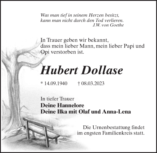 Traueranzeige von Hubert Dollase von Märkischen Allgemeine Zeitung