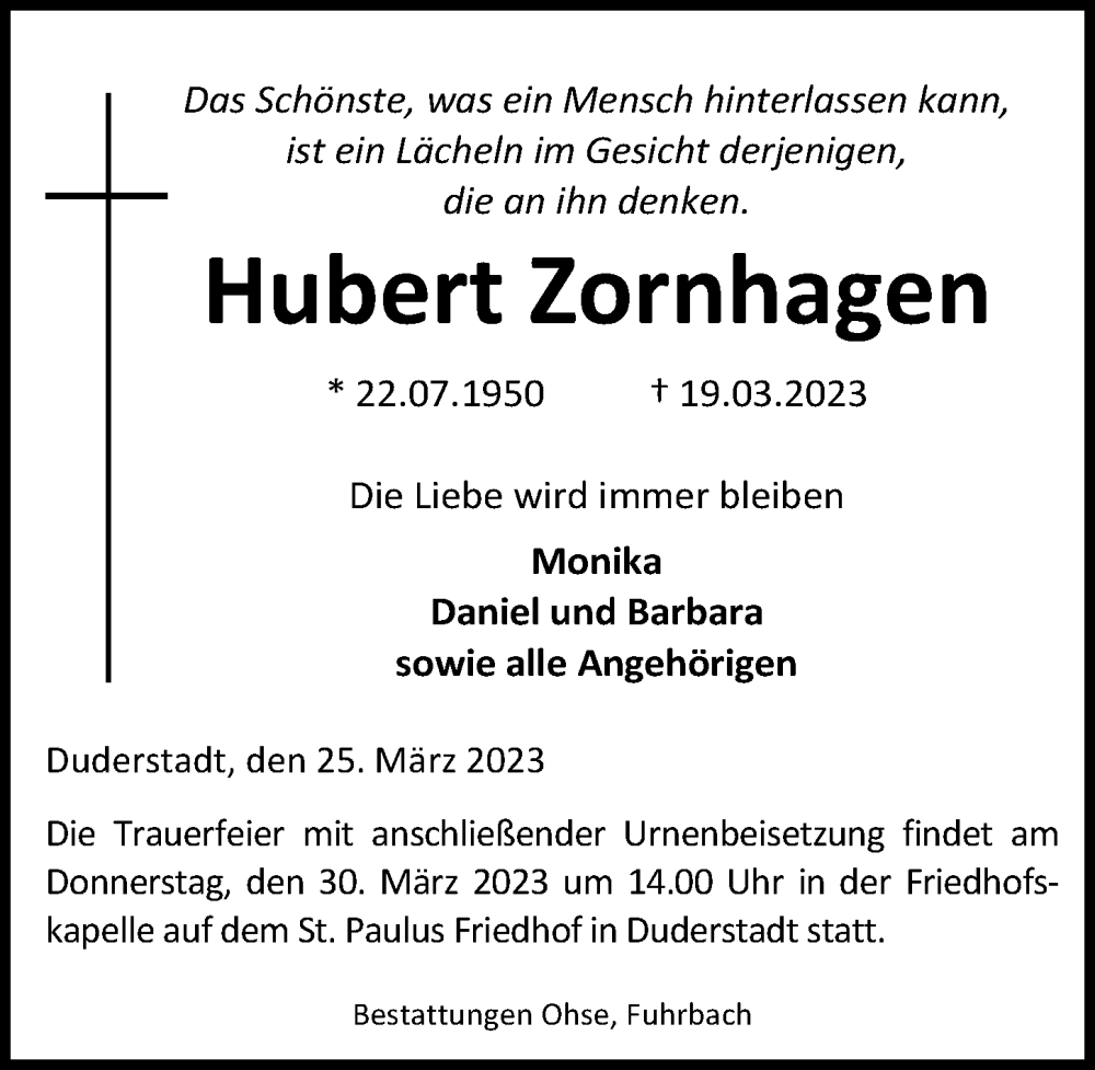  Traueranzeige für Hubert Zornhagen vom 25.03.2023 aus Eichsfelder Tageblatt