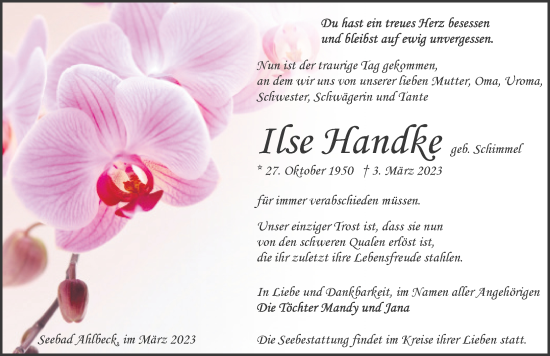 Traueranzeige von Ilse Handke von Ostsee-Zeitung GmbH