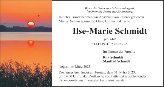 Traueranzeige von Ilse-Marie Schmidt von Ostsee-Zeitung GmbH