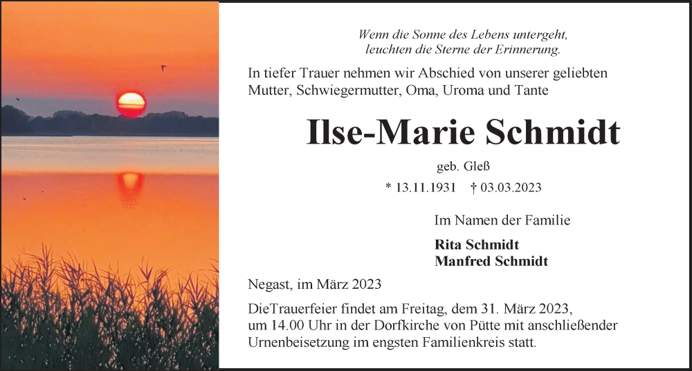  Traueranzeige für Ilse-Marie Schmidt vom 11.03.2023 aus Ostsee-Zeitung GmbH