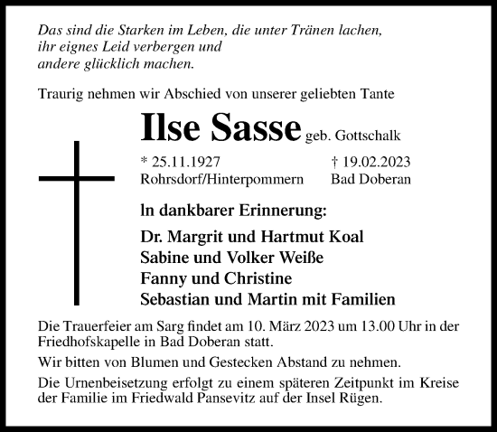 Traueranzeige von Ilse Sasse von Ostsee-Zeitung GmbH