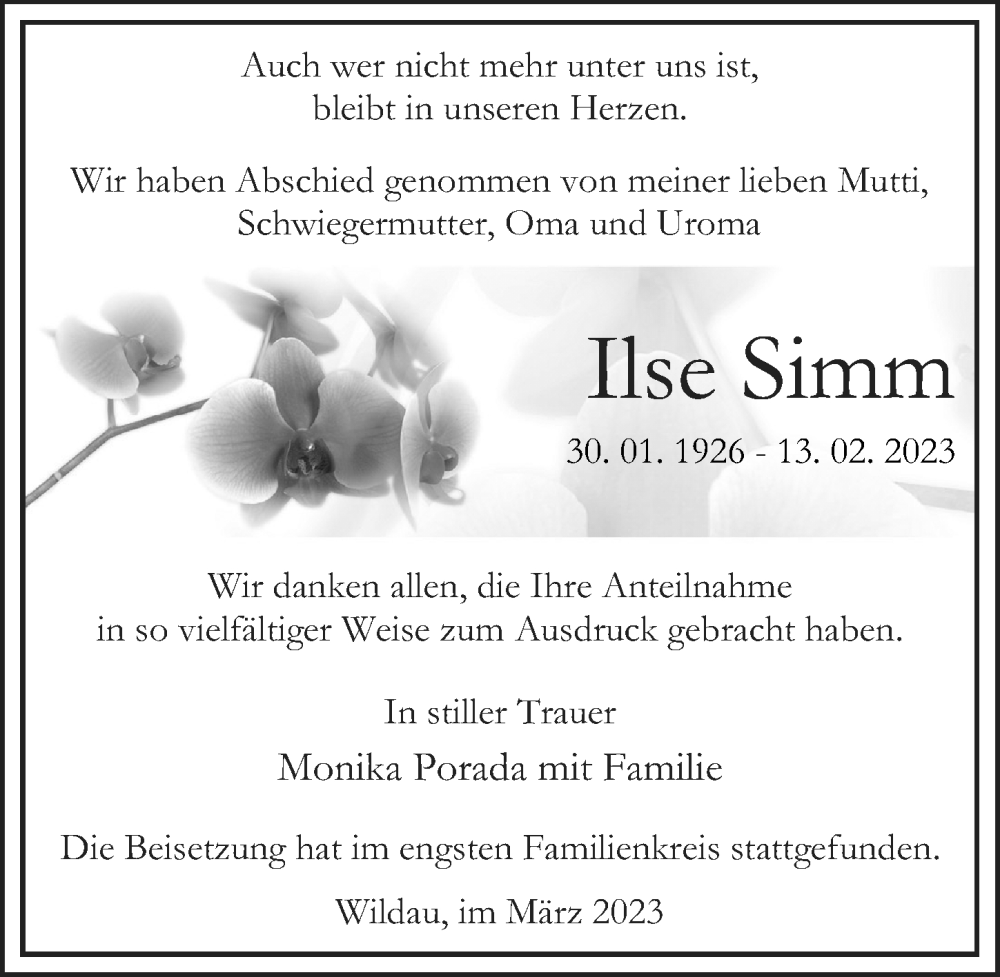  Traueranzeige für Ilse Simm vom 18.03.2023 aus Märkischen Allgemeine Zeitung