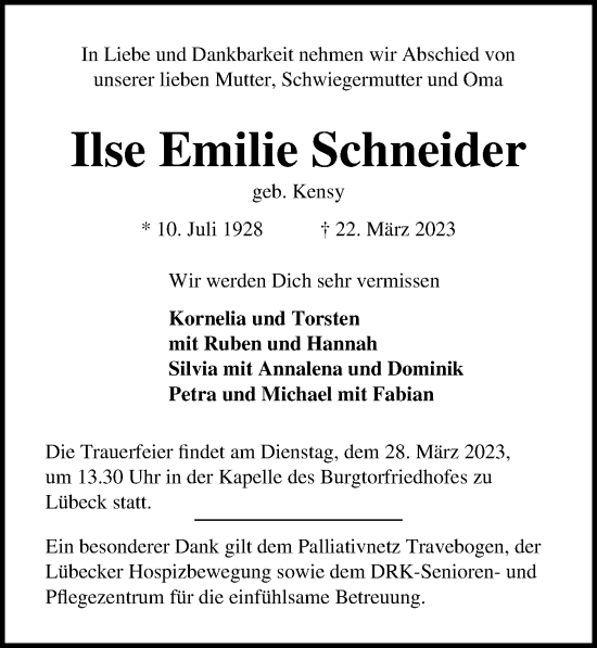 Traueranzeige von Ilse Emilie Schneider von Lübecker Nachrichten