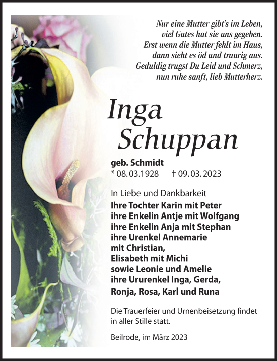 Traueranzeige von Inga Schuppan von Torgauer Zeitung