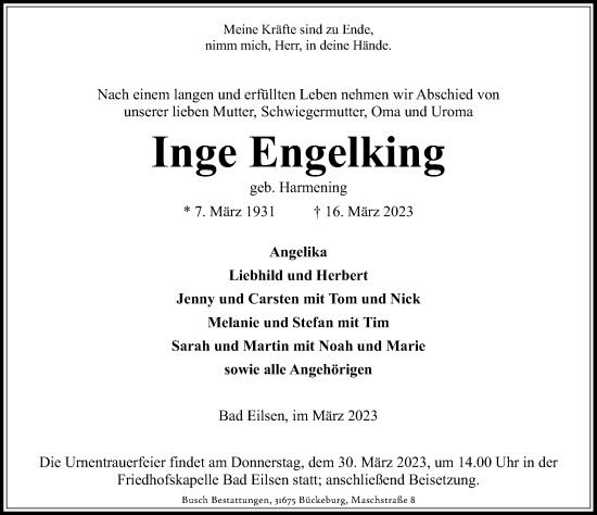 Traueranzeige von Inge Engelking von Schaumburger Nachrichten