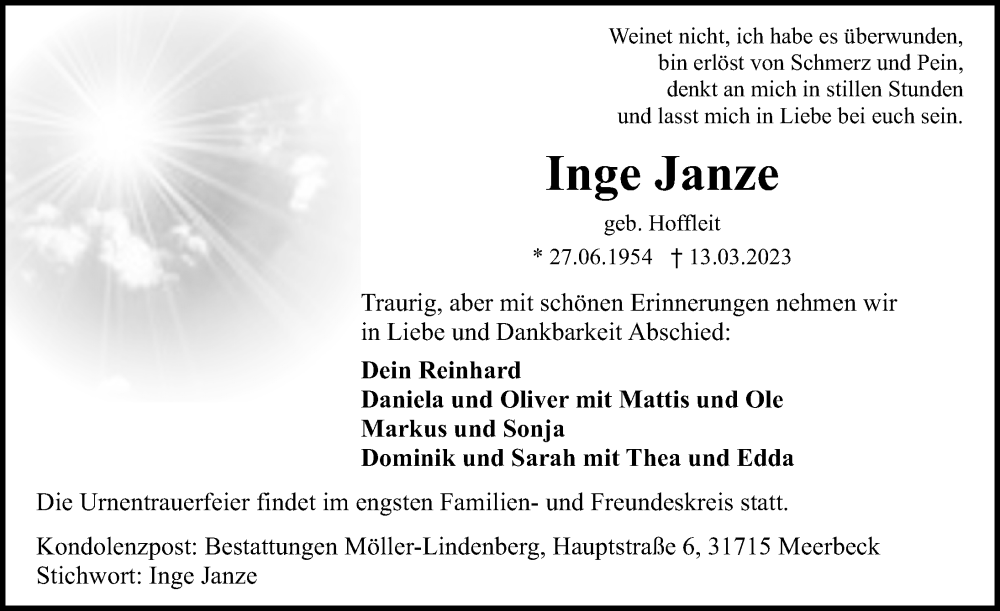 Traueranzeige für Inge Janze vom 18.03.2023 aus Schaumburger Nachrichten