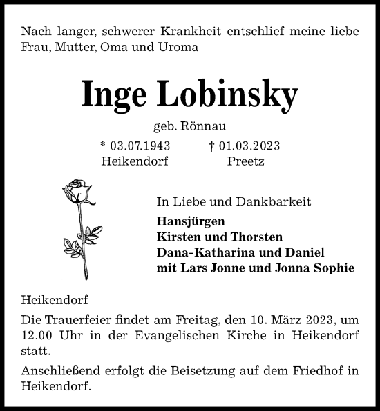 Traueranzeige von Inge Lobinsky von Kieler Nachrichten