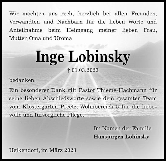 Traueranzeige von Inge Lobinsky von Kieler Nachrichten