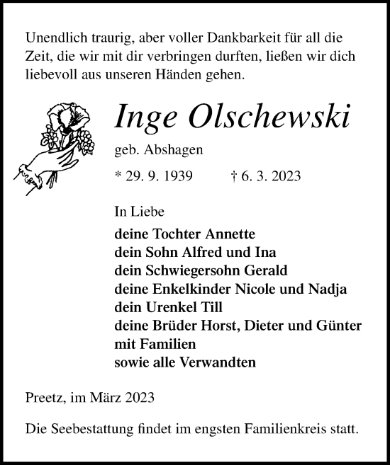 Traueranzeige von Inge Olschewski von Ostsee-Zeitung GmbH