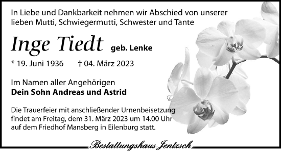 Traueranzeige von Inge Tiedt von Leipziger Volkszeitung
