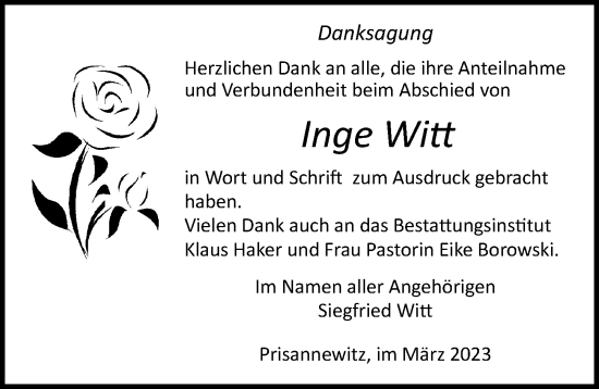 Traueranzeige von Inge Witt von Ostsee-Zeitung GmbH
