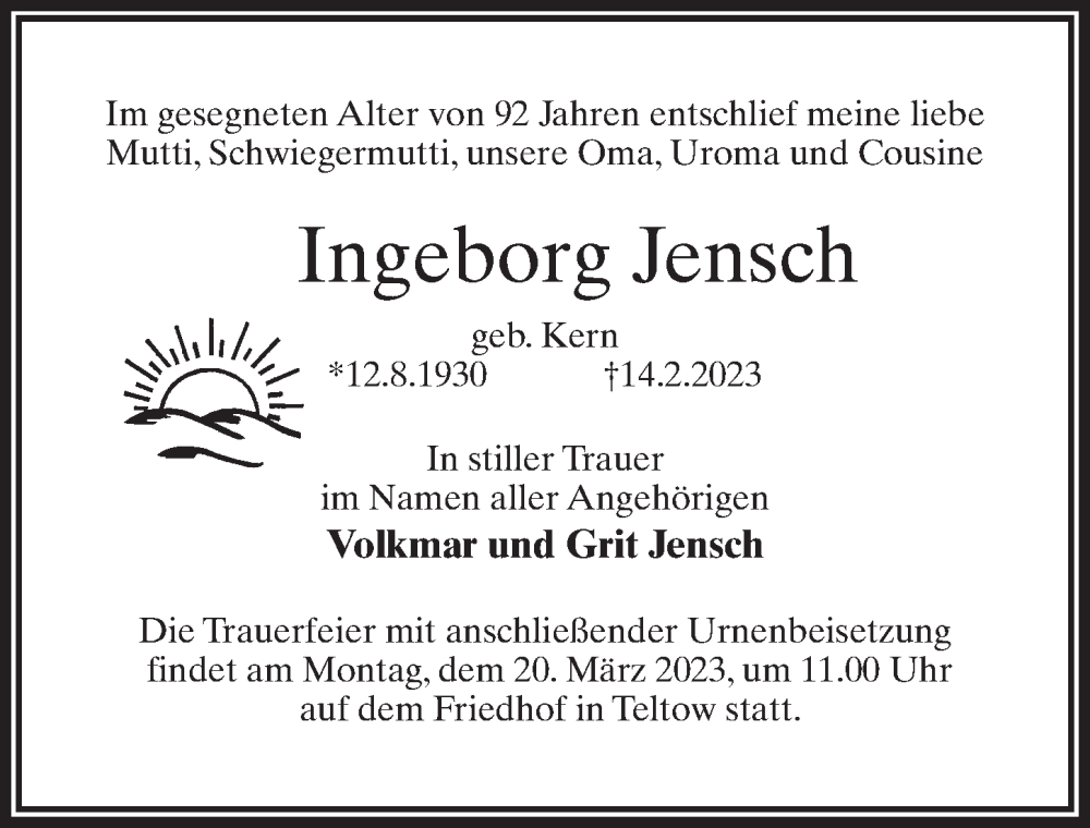  Traueranzeige für Ingeborg Jensch vom 04.03.2023 aus Märkischen Allgemeine Zeitung