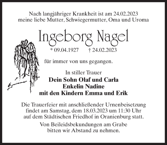 Traueranzeige von Ingeborg Nagel von Märkischen Allgemeine Zeitung