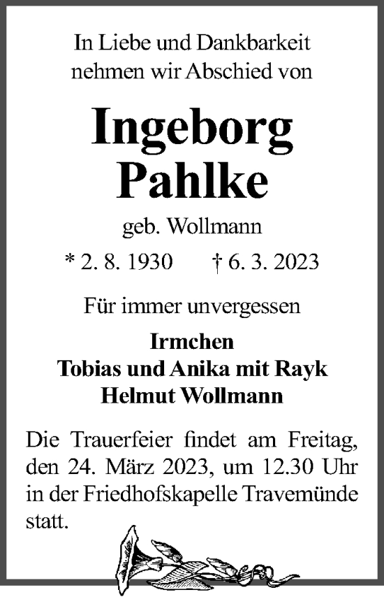 Traueranzeige von Ingeborg Pahlke von Lübecker Nachrichten