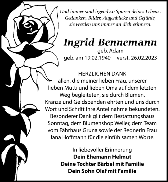 Traueranzeige von Ingrid Bennemann von Leipziger Volkszeitung