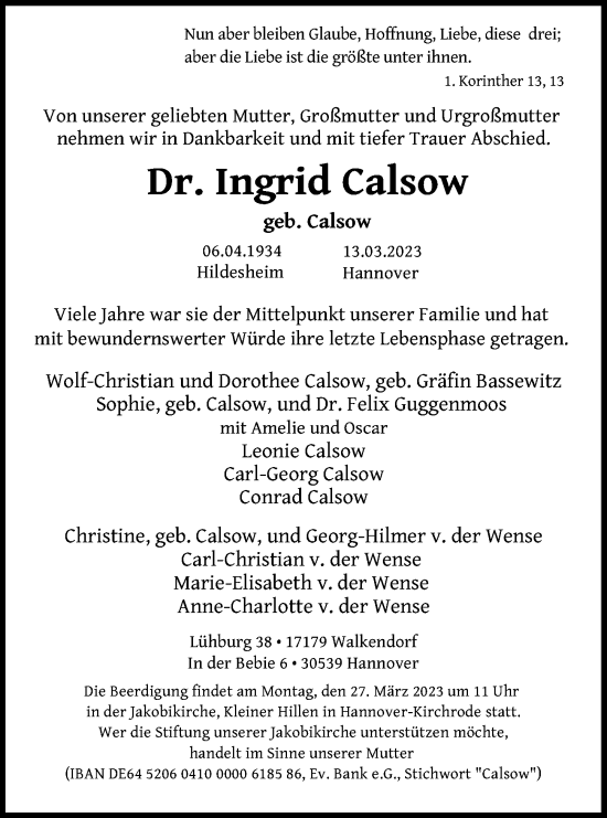 Traueranzeige von Ingrid Calsow von Hannoversche Allgemeine Zeitung/Neue Presse
