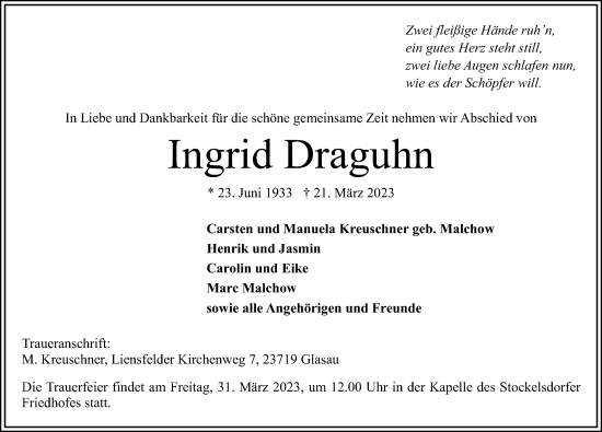Traueranzeige von Ingrid Draguhn von Lübecker Nachrichten