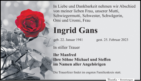 Traueranzeige von Ingrid Gans von Leipziger Volkszeitung