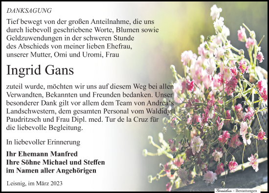 Traueranzeige von Ingrid Gans von Leipziger Volkszeitung