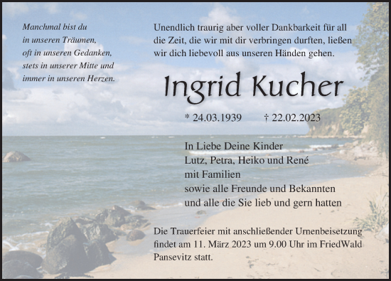 Traueranzeige von Ingrid Kucher von Ostsee-Zeitung GmbH