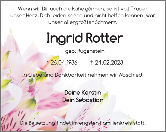 Traueranzeige von Ingrid Rotter von Ostsee-Zeitung GmbH