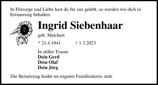 Traueranzeige von Ingrid Siebenhaar von Ostsee-Zeitung GmbH