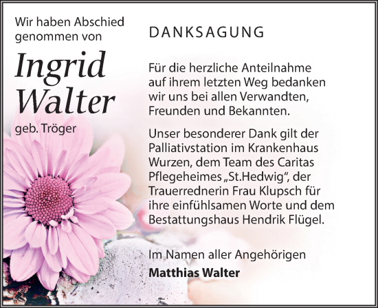 Traueranzeige von Ingrid Walter von Leipziger Volkszeitung