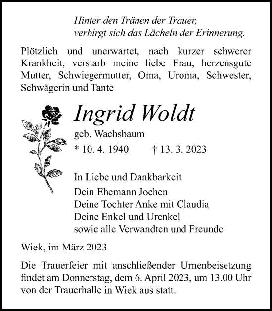 Traueranzeige von Ingrid Woldt von Ostsee-Zeitung GmbH