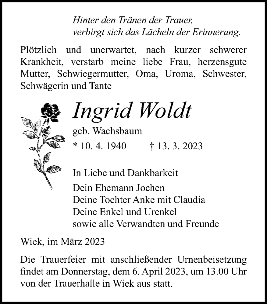  Traueranzeige für Ingrid Woldt vom 18.03.2023 aus Ostsee-Zeitung GmbH
