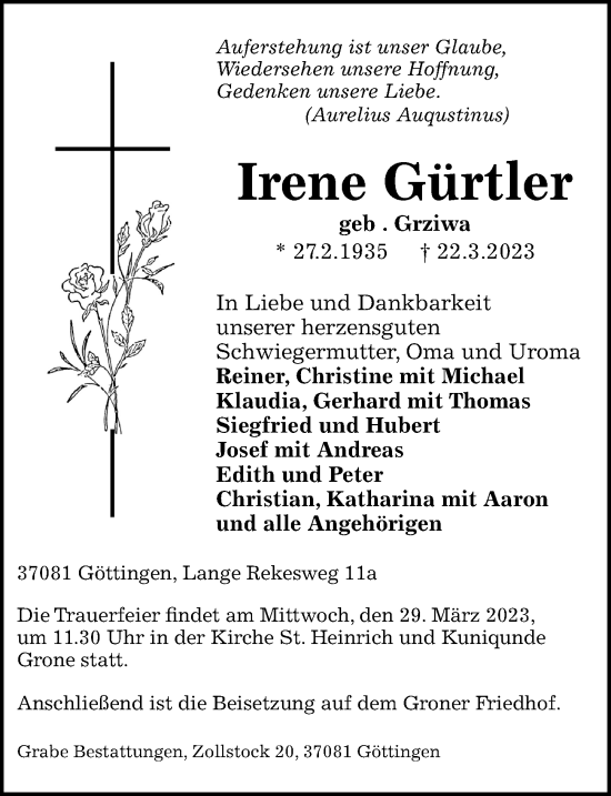 Traueranzeige von Irene Gürtler von Göttinger Tageblatt