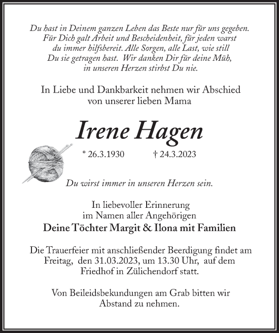 Traueranzeige von Irene Hagen von Märkischen Allgemeine Zeitung