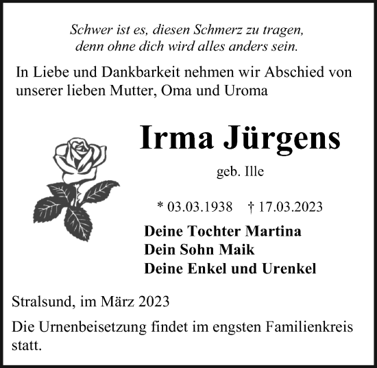 Traueranzeige von Irma Jürgens von Ostsee-Zeitung GmbH