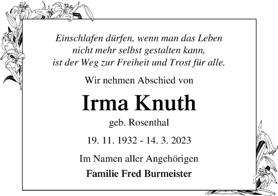 Traueranzeige von Irma Knuth von Ostsee-Zeitung GmbH