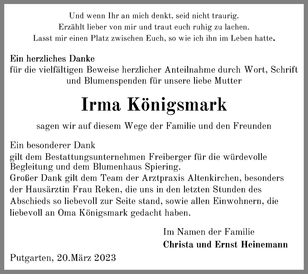  Traueranzeige für Irma Königsmark vom 25.03.2023 aus Ostsee-Zeitung GmbH