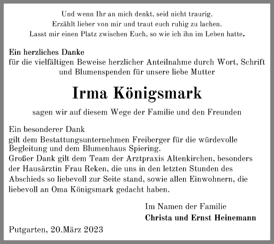 Traueranzeige von Irma Königsmark von Ostsee-Zeitung GmbH