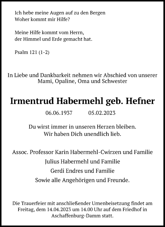 Traueranzeige von Irmentrud Habermehl von Hannoversche Allgemeine Zeitung/Neue Presse