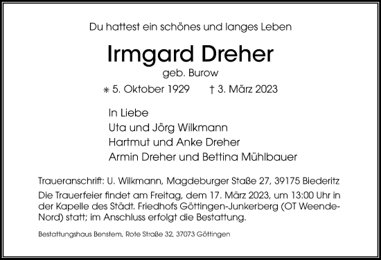 Traueranzeige von Irmgard Dreher von Göttinger Tageblatt